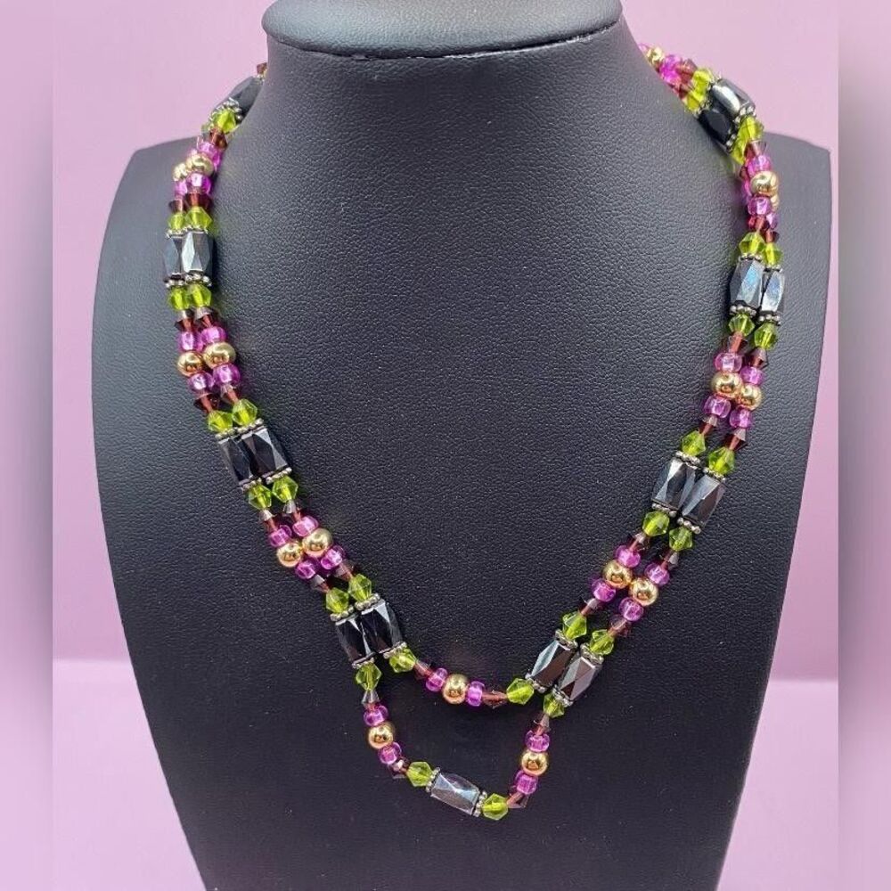 Magnetic Beaded Wrap Necklace Bracelet Multi Strand Glass Hematite Gold Tone 30”